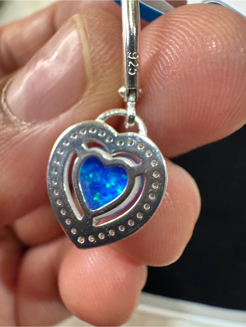 Blue Opal 925 Sterling Silver Heart Drop Earrings with Blue Opal Inlay - Picture 7 of 12